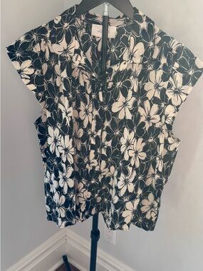 THE GREAT. Black & Cream Floral Cap-Sleeve Blouse